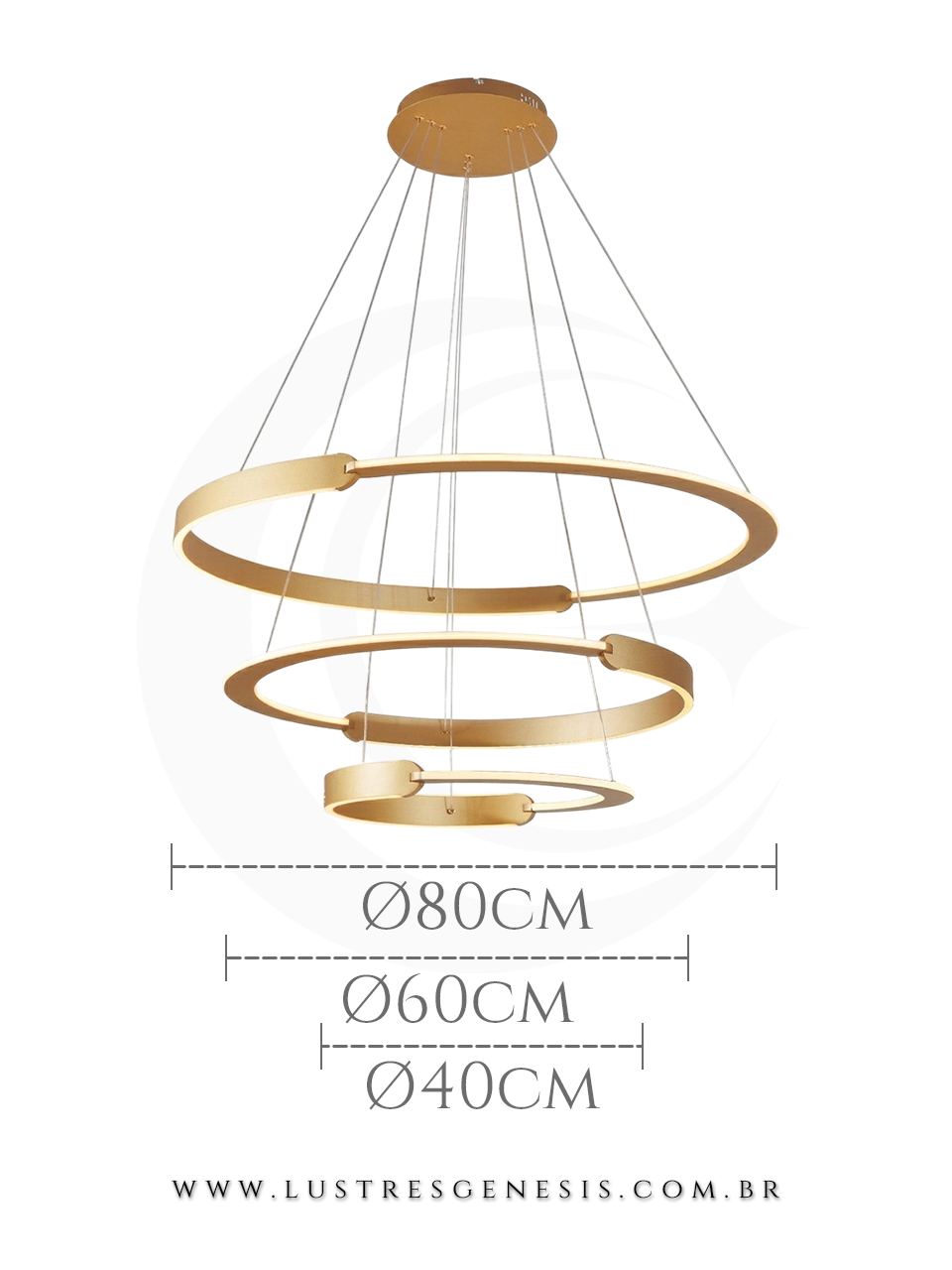 Luminaria de Teto Pendente LED DCD03087 Dourado Bivolt 226W 3000K &Oslash;40x60x80cm, P&eacute; Direito Duplo, Sala de Jantar, Escadas